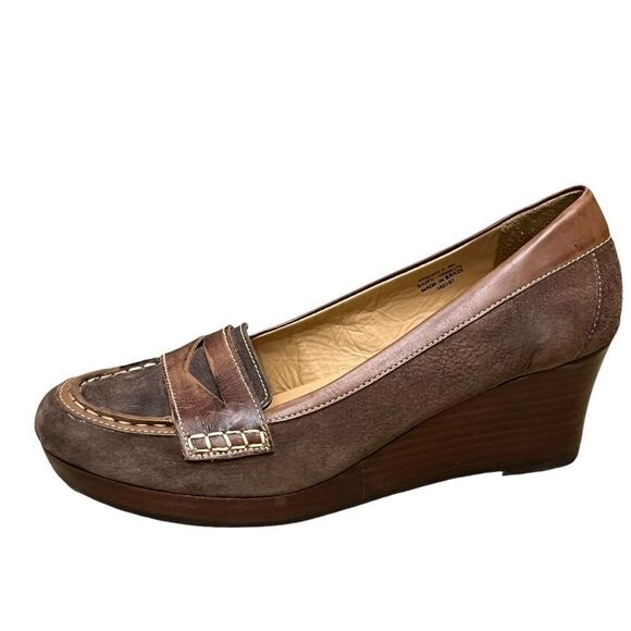 L.L. Bean Made/Brazil 9M Shoes Brown Suede Leather Wedge Penny Loafers Slip On - Picture 1 of 11